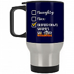 Burned Down Sheryl's She-, Navy, 14 oz. Silver Travel Mug