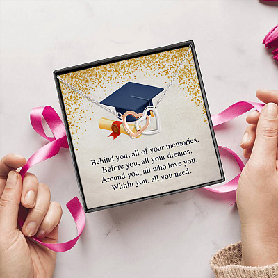 Graduation Hat Behind You All of Your Memories All Your Dreams Interlocking Hearts Pendant Necklace Gifts