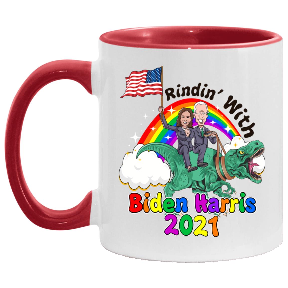 Riding Dinosaur with Biden Harris Accent Mug, White/Red, 11 oz. Accent Mug