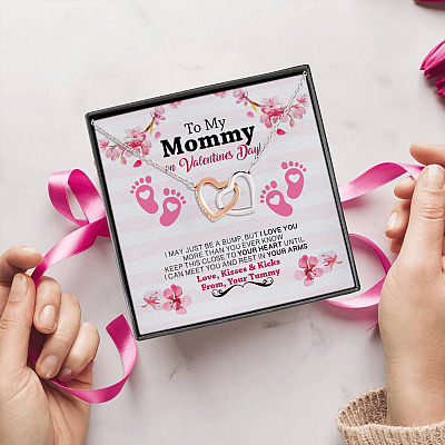 Alternative view of To My Mommy On Valentines Day I May Just Be A Bump But I Love You Joined Interlocking Hearts Pendant Necklace