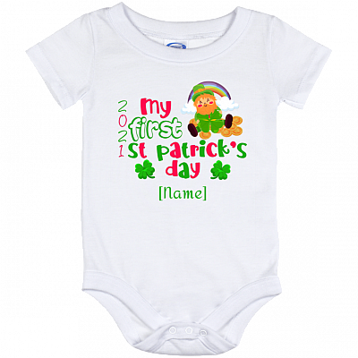 Personalized First Saint Patrick's Day Baby Onesie - Leprechaun Clover 1st St Patrick Day Toddler Bodysuit, White, Baby Onesie - 12 Month