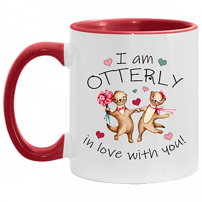 Otter Valentine Accent Mug - Otterly Love You Cute Otter Couple Valentine's Day Mug, White/Red, 11 oz. Accent Mug
