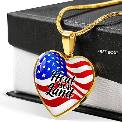 Heal Our Land American Flag Heart Pendant Necklace - Heart Luxury Necklace (Gold Plated)