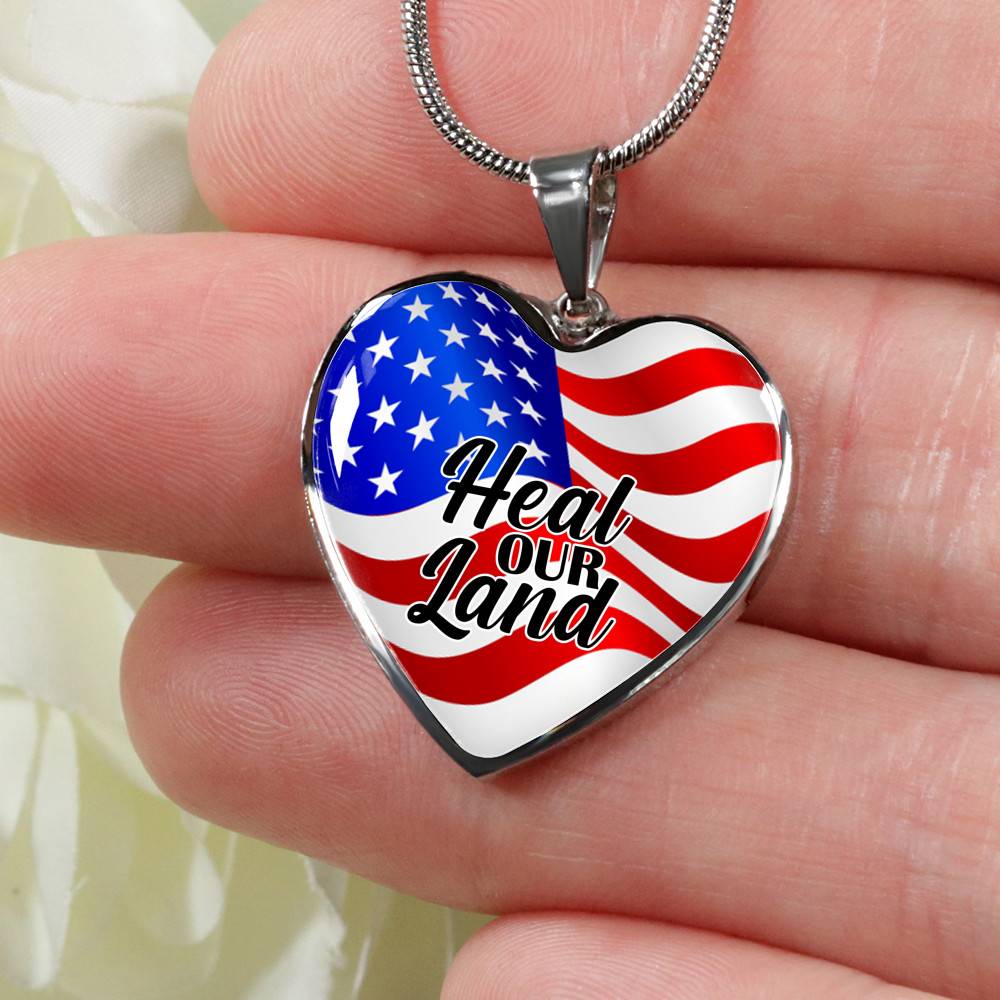 Heal Our Land American Flag Heart Pendant Necklace - Heart Luxury Necklace (Silver)