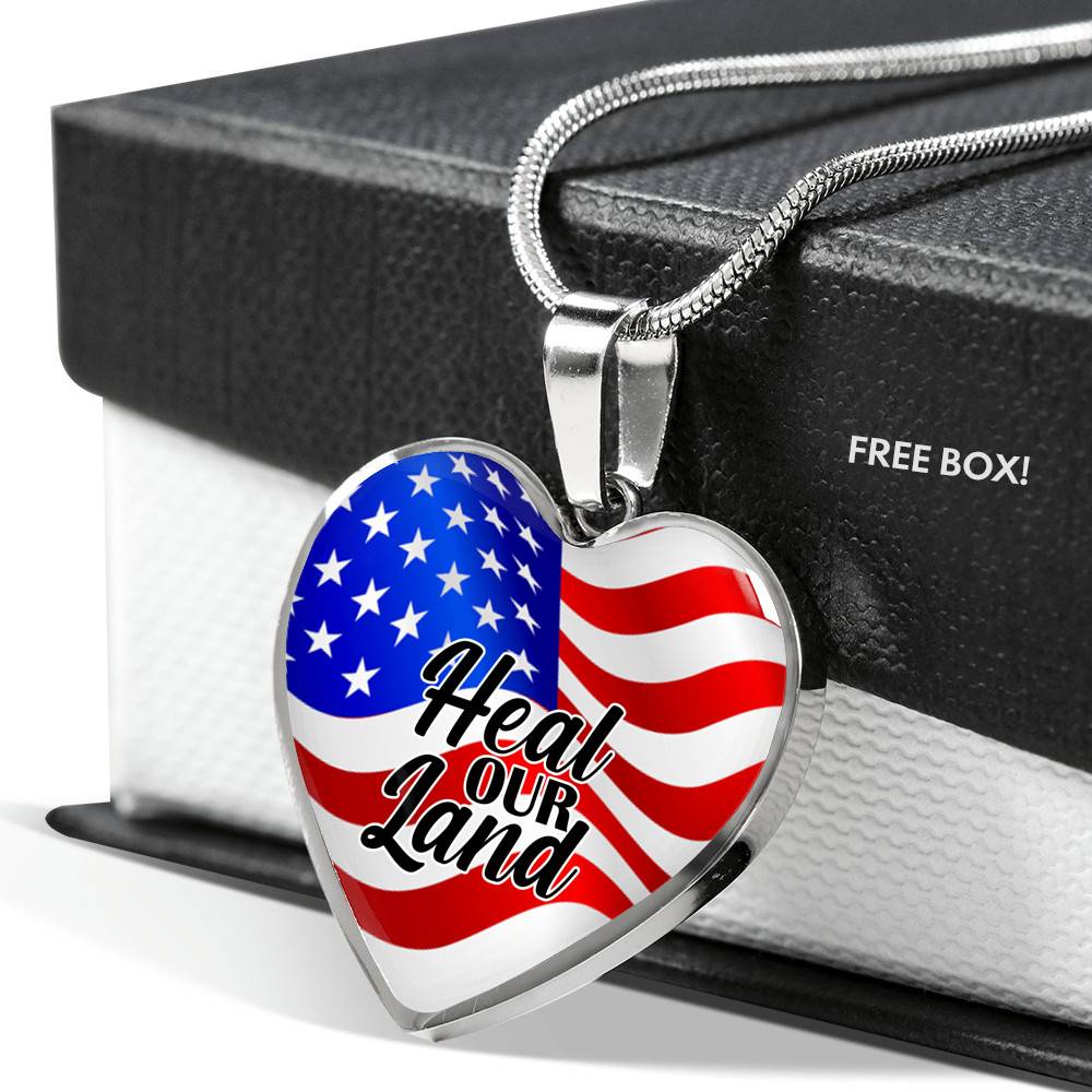 Heal Our Land American Flag Heart Pendant Necklace - Heart Luxury Necklace (Silver)