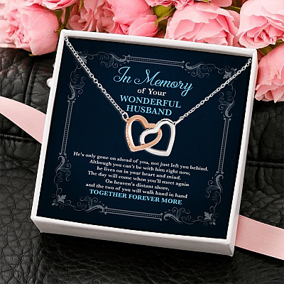 Alternative view of In Memory Of Your Wonderful Husband He's Only Gone On Ahead Of You Interlocking Hearts Pendant Necklace