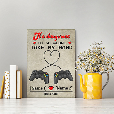 Alternative view of Personalized Couple Gaming It's Dangerous To Go Alone Take My Hand Wrapped Framed Canvas - Unframed Poster