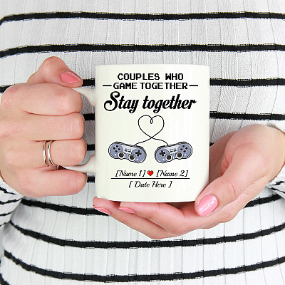 Alternative view of Personalized Couples Who Game Together Stay Together Ceramic Coffee Mug - Beer Stein - Water Bottle