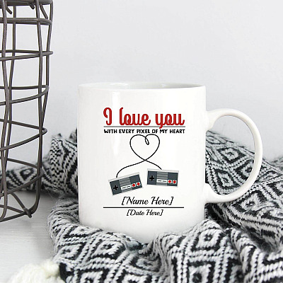 Alternative view of Personalized I Love You with Every Pixel of My Heart Ceramic Coffee Mug - Beer Stein - Water Bottle