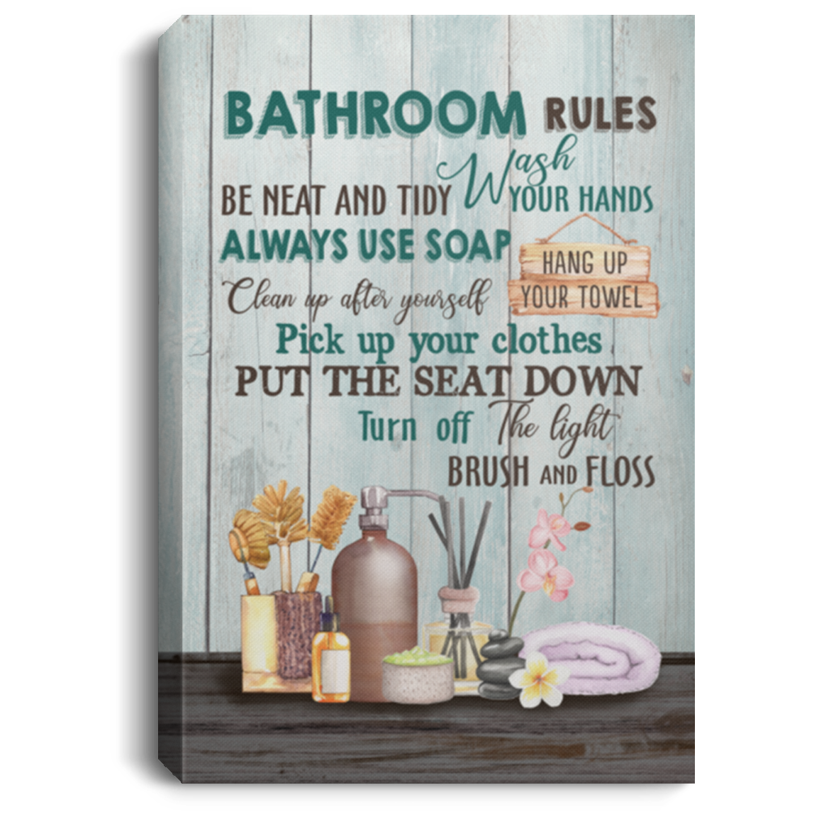 Bathroom Rules Framed Canvas - Be Neat And Tidy Wash Your Hands Always Use Soap Unframed Poster, White, 0.75'' Framed Canvas