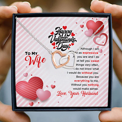 Happy Valentine's Day Husband To My Wife Although I Am Not As Expressive Interlocking Hearts Pendant Necklace
