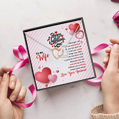 Alternative view of Happy Valentine's Day Husband To My Wife Although I Am Not As Expressive Interlocking Hearts Pendant Necklace