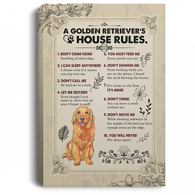 A Golden Retriever's House Rules Gallery Wrapped Framed Canvas Prints - Unframed Poster - Home Decor Wall Art, White, 0.75'' Framed Canvas
