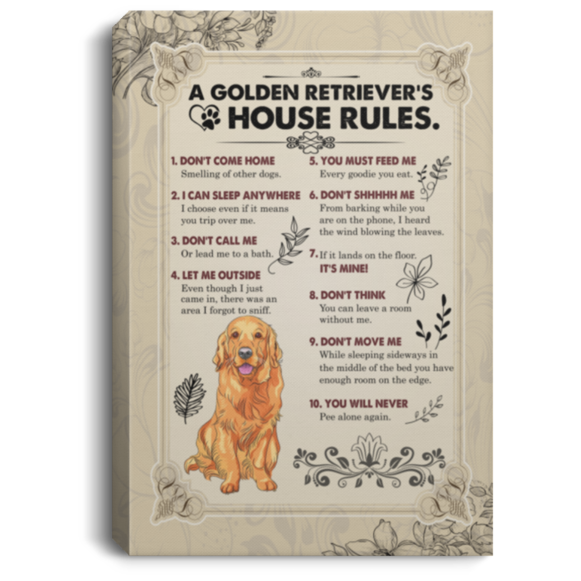 A Golden Retriever's House Rules Gallery Wrapped Framed Canvas Prints - Unframed Poster - Home Decor Wall Art, White, 0.75'' Framed Canvas