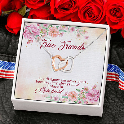 True Friends At A Distance Are Never Apart Interlocking Hearts Pendant Necklace