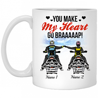 Personalized Snowmobile Couple You Make My Heart Go Braap - Valentine Gift for Him Ceramic Coffee Mug - Water Bottle, White, 11 oz. White Mug