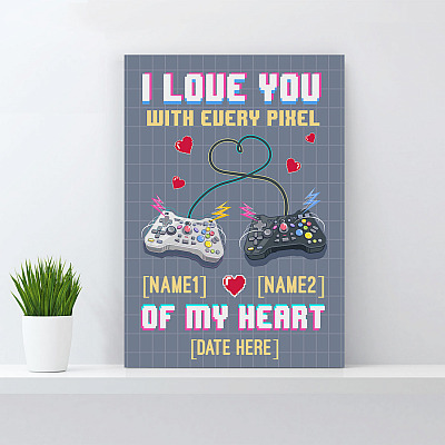 Alternative view of Personalized I Love You With Every Pixel Of My Heart Funny Gamer Couple Framed Canvas Prints - Unframed Poster