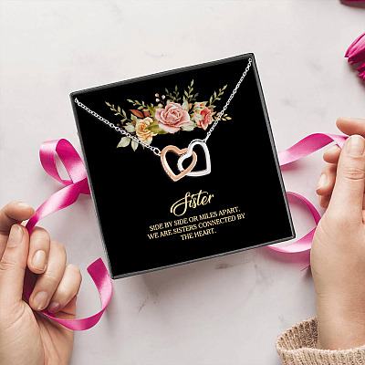 Sister Side By Side Or Far Apart We Are Sisters Connected By The Heart Interlocking Hearts Pendant Necklace