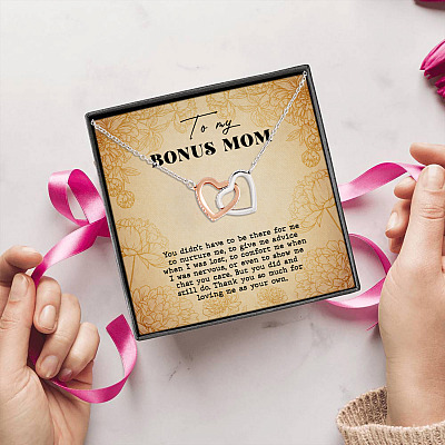 To My Bonus Mom Thank You so Much for Loving Me as Your Own Interlocking Hearts Pendant Necklace