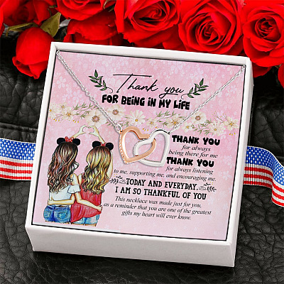 Happy Galentine's Day 2021 Thank You for Being in My Life Interlocking Heart Pendant Necklace
