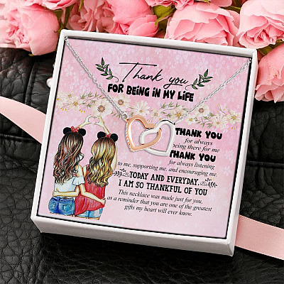 Alternative view of Happy Galentine's Day 2021 Thank You for Being in My Life Interlocking Heart Pendant Necklace