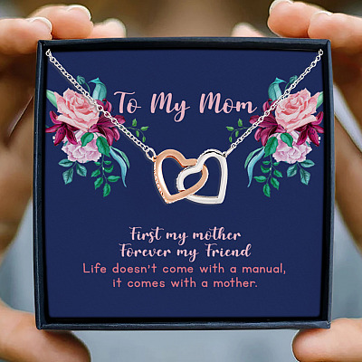 To My Mom First My Mother Forever My Friend Mother And Daughter Interlocking Hearts Pendant Necklace