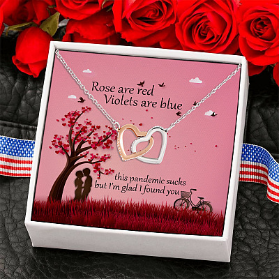 Happy Valentines Day Roses Are Red Violets Are Blue I'm Glad I Found You Interlocking Heart Pendant Necklace