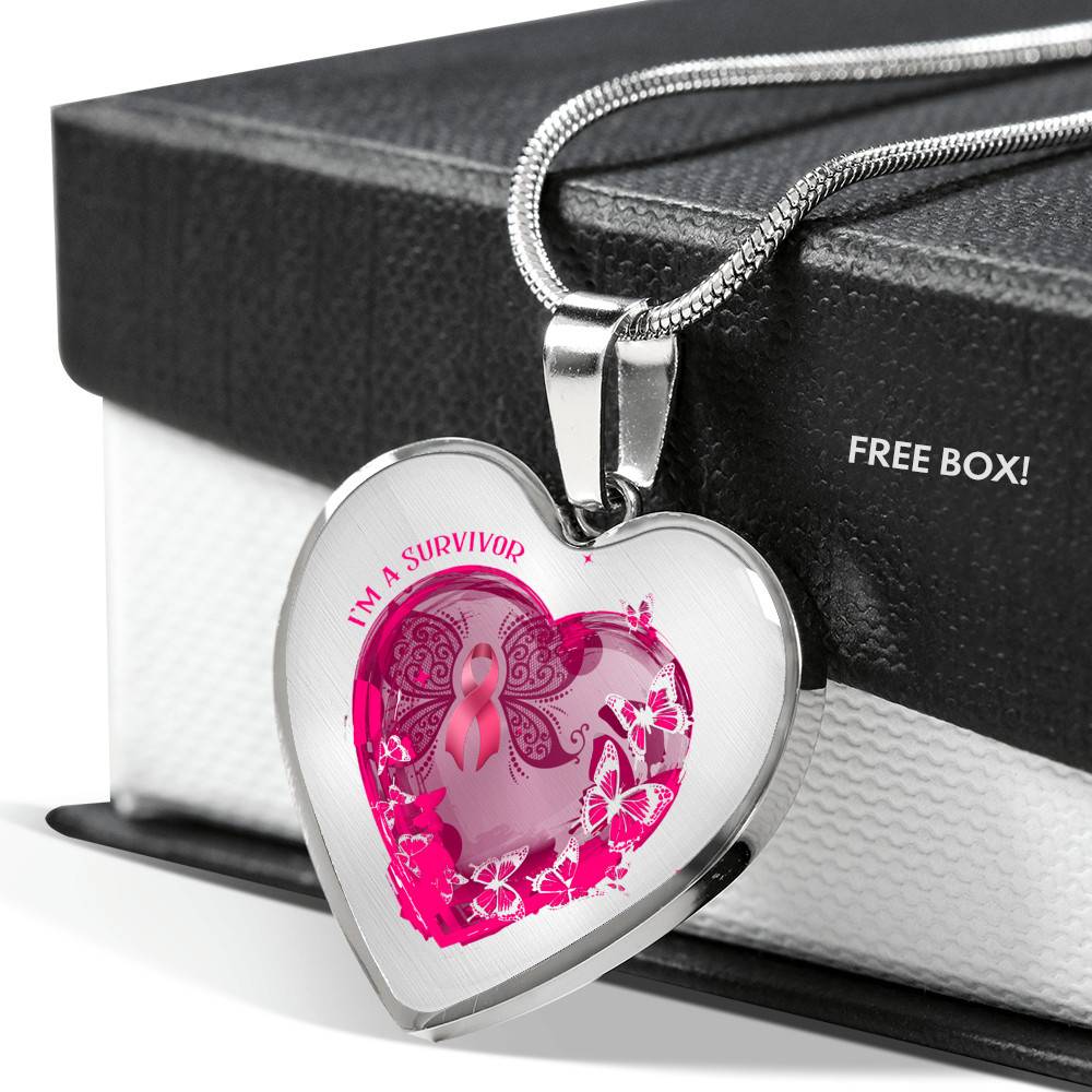 I'm a Survivor - Breast Cancer Gifts for Women - Heart Pendant Necklace - Heart Luxury Necklace (Silver)