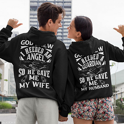 Alternative view of God Knew I Needed A Guardian So He Gave Me My Husband Print Back Only Hoodie - Sweatshirt Couple Matching