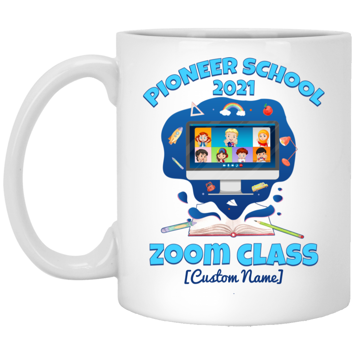 Personalized Pioneer School 2021 Zoom Class Ceramic Coffee Mug - Beer Stein - Water Bottle - Color Changing Mug, White, 11 oz. White Mug