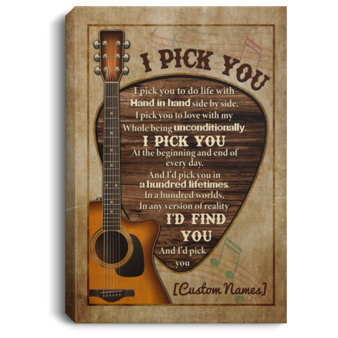Personalized Guitar Pick I Pick You To Do Life With Hand In Hand Framed Canvas Prints - Guitar Lover Unframed Poster, White, 0.75'' Framed Canvas
