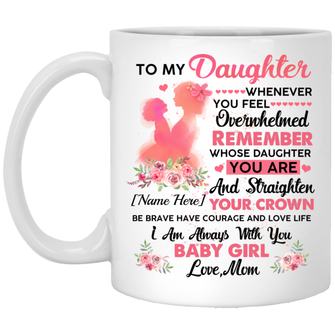 Personalized to My Daughter Love Mom Straighten Your Crown Coffee Mug - Beer Stein - Water Bottle, White, 11 oz. White Mug