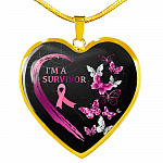 Pink Ribbon Butterfly I'm a Survivor Breast Cancer Awareness Month Heart Pendant Necklace Gifts - Heart Luxury Necklace (Gold Plated)