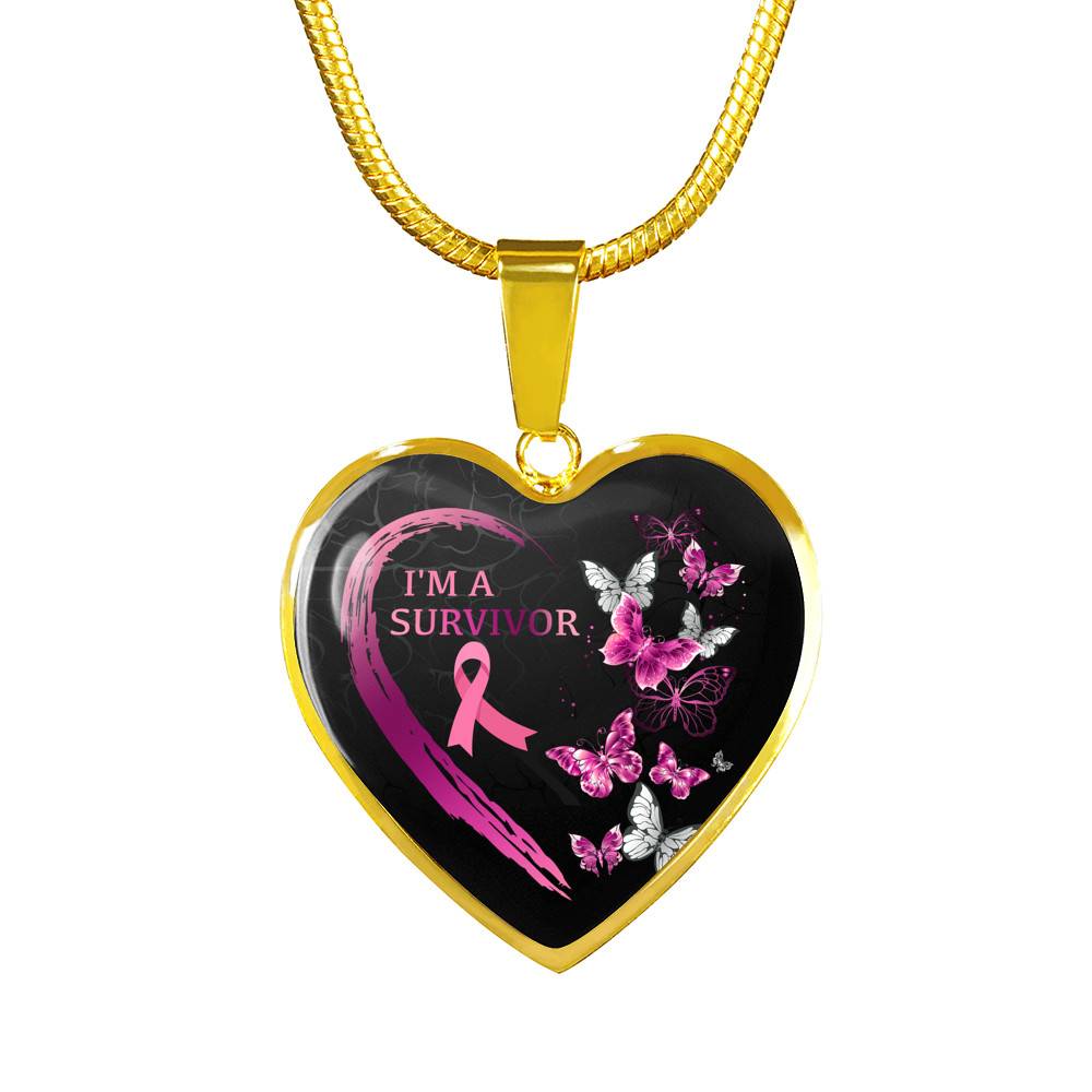 Pink Ribbon Butterfly I'm a Survivor Breast Cancer Awareness Month Heart Pendant Necklace Gifts - Heart Luxury Necklace (Gold Plated)