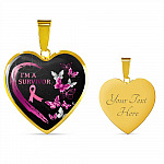 Pink Ribbon Butterfly I'm a Survivor Breast Cancer Awareness Month Heart Pendant Necklace Gifts - Heart Luxury Necklace (Gold Plated)