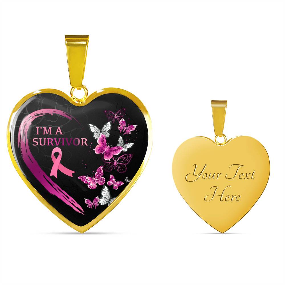 Pink Ribbon Butterfly I'm a Survivor Breast Cancer Awareness Month Heart Pendant Necklace Gifts - Heart Luxury Necklace (Gold Plated)