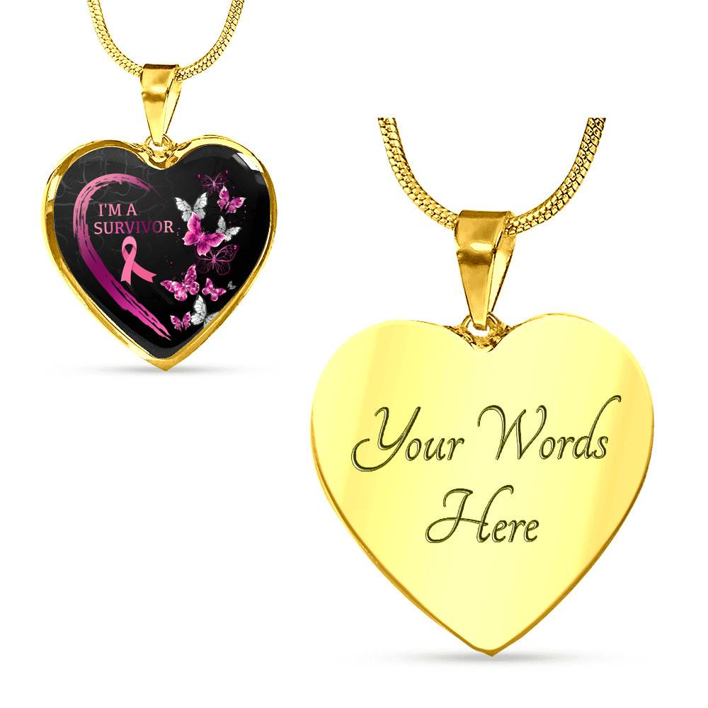 Pink Ribbon Butterfly I'm a Survivor Breast Cancer Awareness Month Heart Pendant Necklace Gifts - Heart Luxury Necklace (Gold Plated)