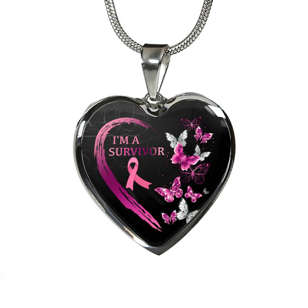 Pink Ribbon Butterfly I'm a Survivor Breast Cancer Awareness Month Heart Pendant Necklace Gifts - Heart Luxury Necklace (Silver)