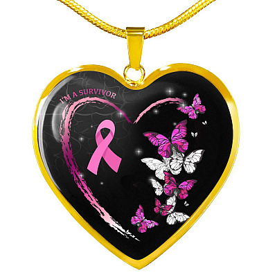 I'm A Survivor Breast Cancer Awareness Pink Ribbon Butterflies Luxury Heart Pendant Necklace - Heart Luxury Necklace (Gold Plated)