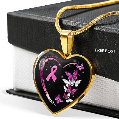 I'm A Survivor Breast Cancer Awareness Pink Ribbon Butterflies Luxury Heart Pendant Necklace - Heart Luxury Necklace (Gold Plated)