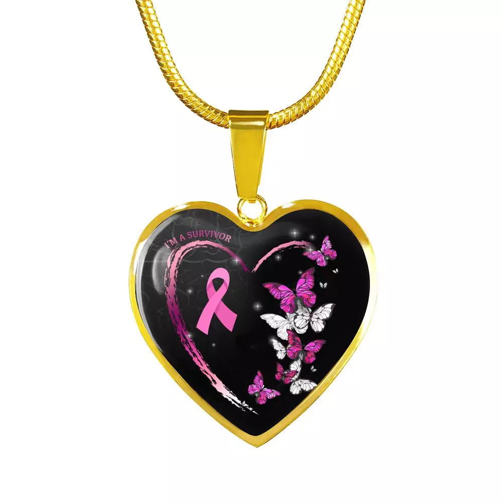 I'm A Survivor Breast Cancer Awareness Pink Ribbon Butterflies Luxury Heart Pendant Necklace - Heart Luxury Necklace (Gold Plated)