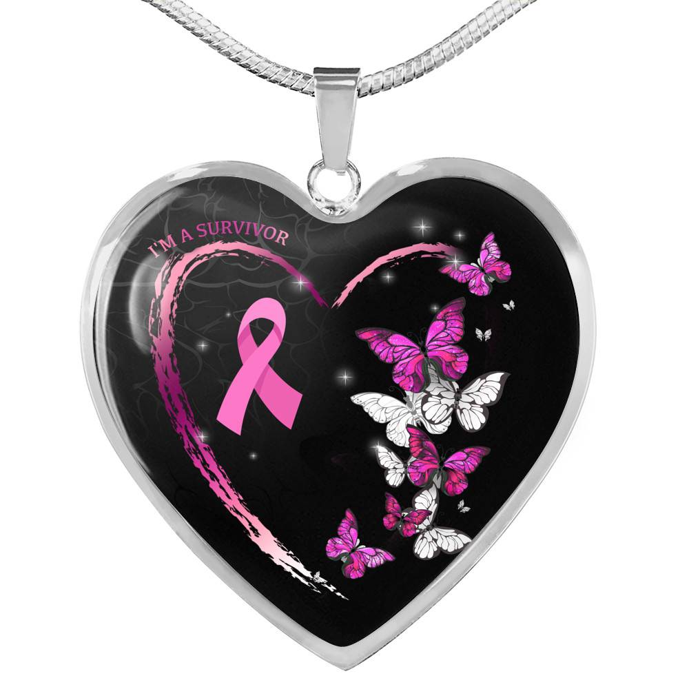 I'm A Survivor Breast Cancer Awareness Pink Ribbon Butterflies Luxury Heart Pendant Necklace - Heart Luxury Necklace (Silver)