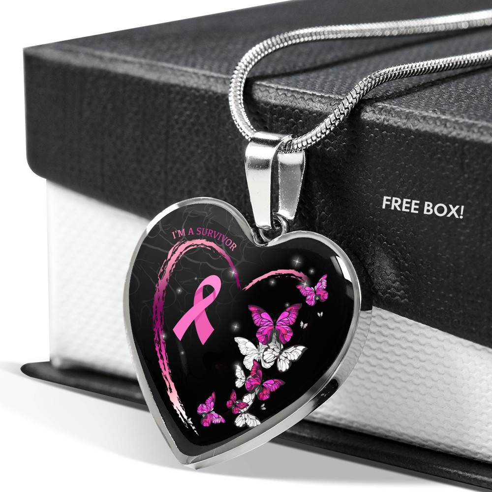 I'm A Survivor Breast Cancer Awareness Pink Ribbon Butterflies Luxury Heart Pendant Necklace - Heart Luxury Necklace (Silver)