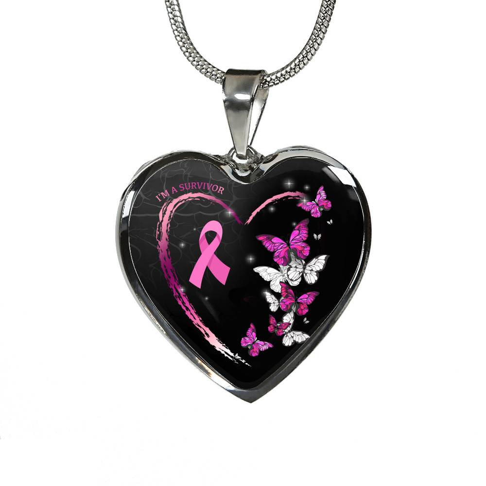 I'm A Survivor Breast Cancer Awareness Pink Ribbon Butterflies Luxury Heart Pendant Necklace - Heart Luxury Necklace (Silver)