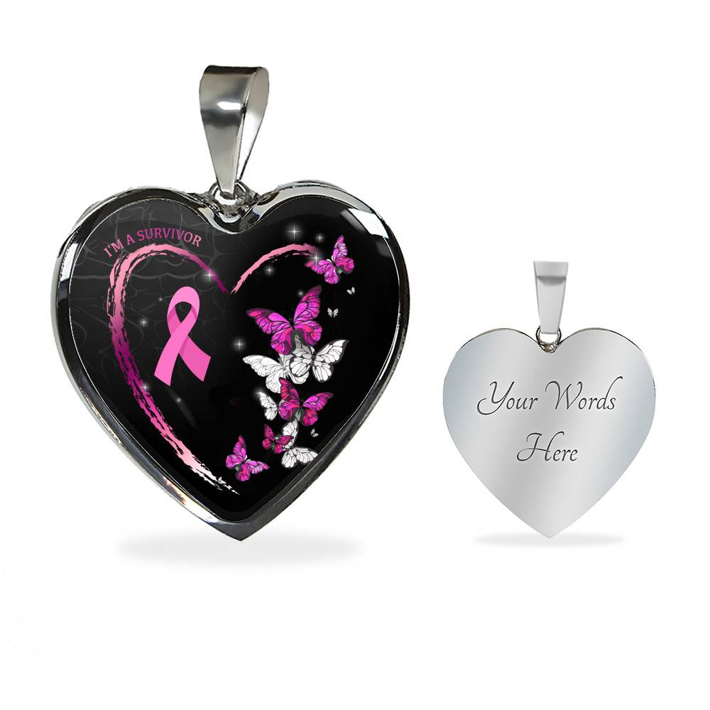 I'm A Survivor Breast Cancer Awareness Pink Ribbon Butterflies Luxury Heart Pendant Necklace - Heart Luxury Necklace (Silver)