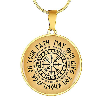 Nordic Vikings May Odin Give You Knowledge On Your Path Circle Pendant Necklace - Norse Mens Necklace Jewelry - Circle Luxury Necklace (Gold Plated)
