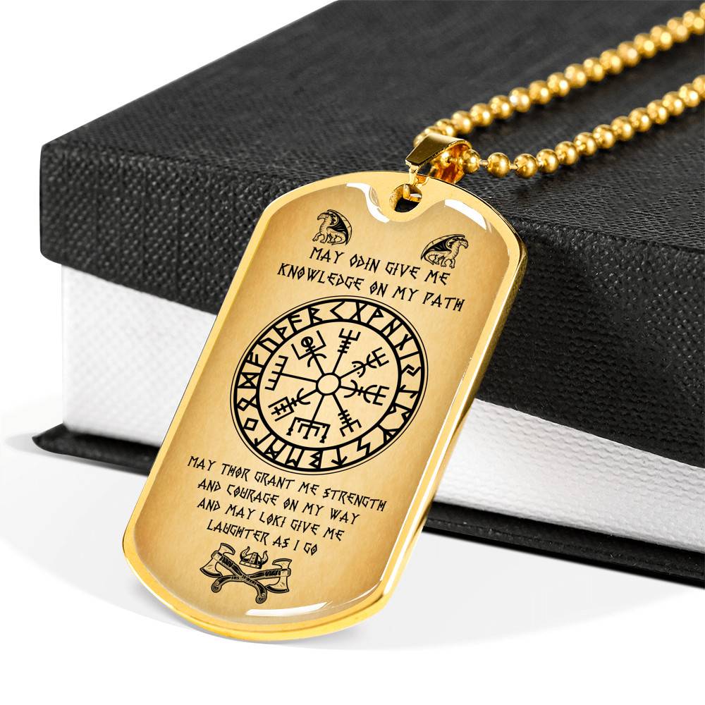 Nordic Vikings May Odin Give Me Knowledge On My Path Dog Tag Pendant Necklace - Norse Mens Necklace Jewelry - Dog Tag (Gold Plated)