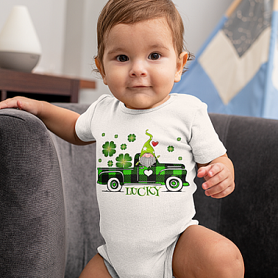 Alternative view of St Patrick's Day Irish Gnome Lucky Truck Carrying Clovers Baby Onesie - Baby Infant Bodysuit