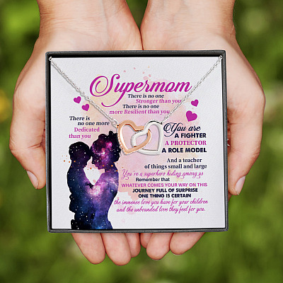 Supermom There Is No One Stronger than You Interlocking Hearts Pendant Necklace