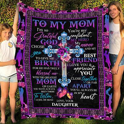 Alternative view of Christian Roses Cross To My Mom I'm so Grateful God Chose You Fleece Blanket - Mink Blanket - Woven Blanket